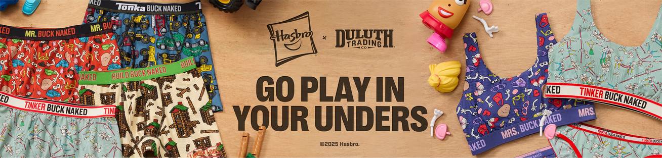 Hasbro® toy patterned underwear. Headline: Go Play in your Unders.
