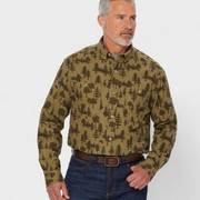  Man wearing green forest patterned button-down shirt. 