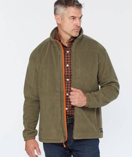 Man wearing an olive green fleece jacket.
