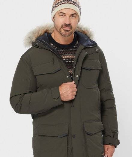 Man wearing a black coat with a fur hood.