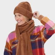 Woman wearing a brown fuzzy scarf and hat.