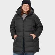 Woman wearing a long black puffer coat.