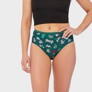 Woman wearing holiday printed underwear.