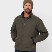 Man wearing brown workwear jacket.