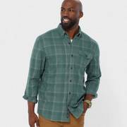 Man wearing green flannel shirt.