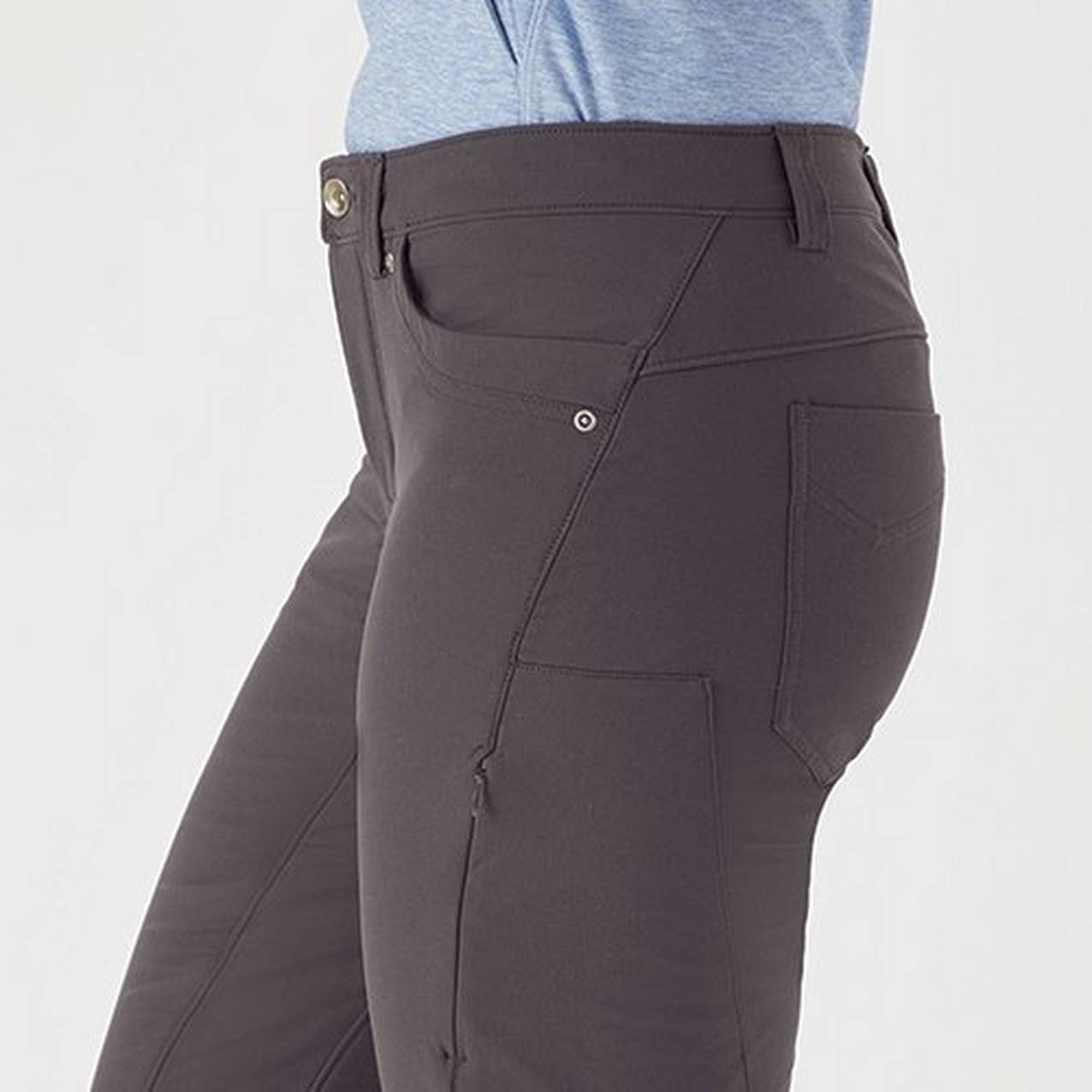 Close up of the side of pants revealing a zippered mid-hip pocket 