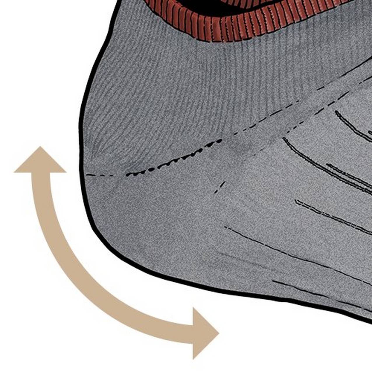 Close up of an illustration sock heel with an arrow showing the curve of the heel