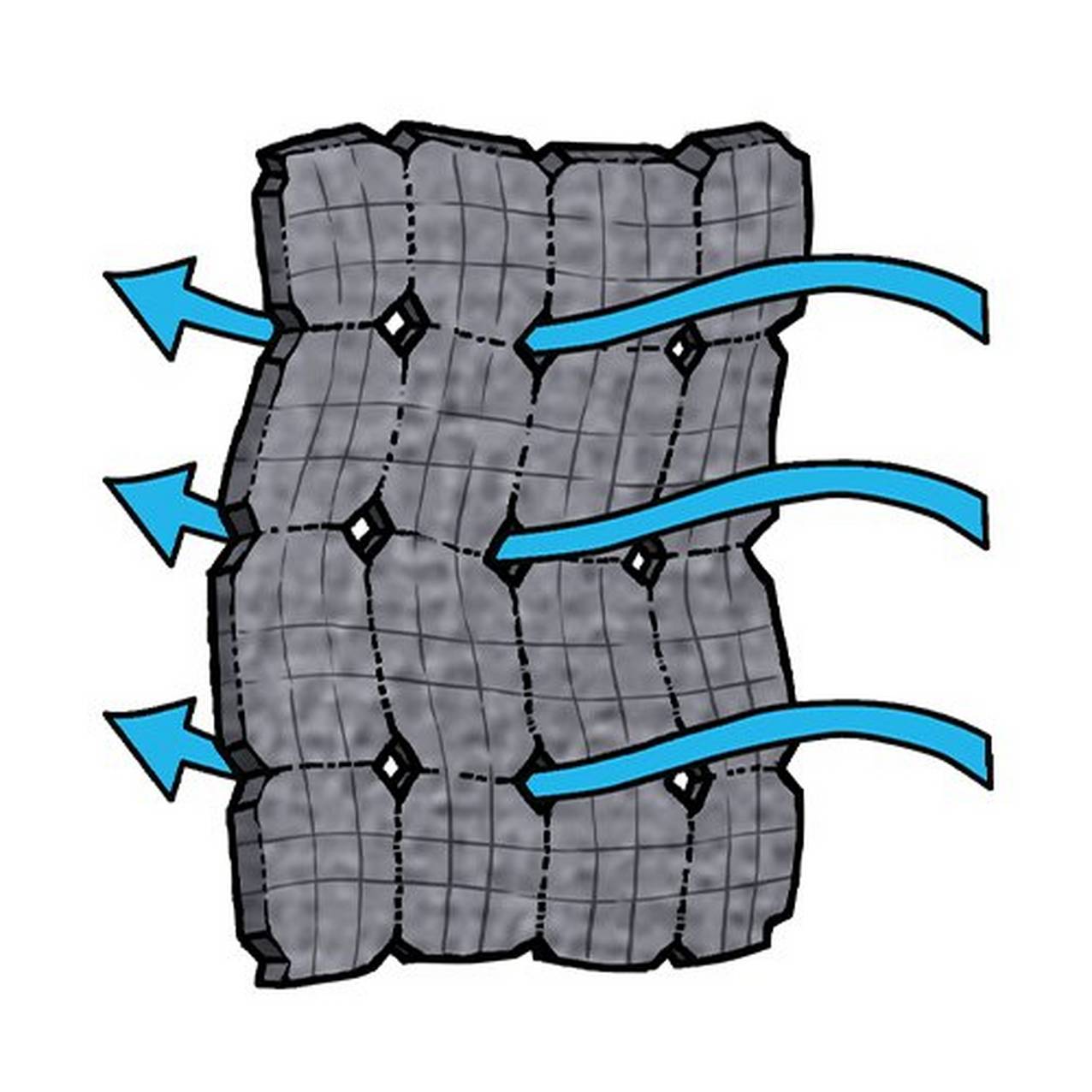 Illustration of a close up of a square of fabric with arrows of air flowing through weave