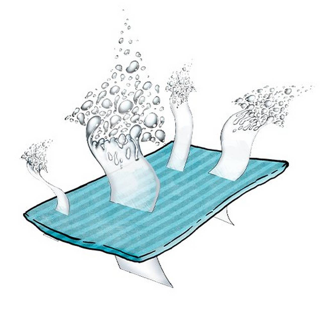 Illustration of moisture droplets formed together to shape arrows moving from one size of fabric to the other