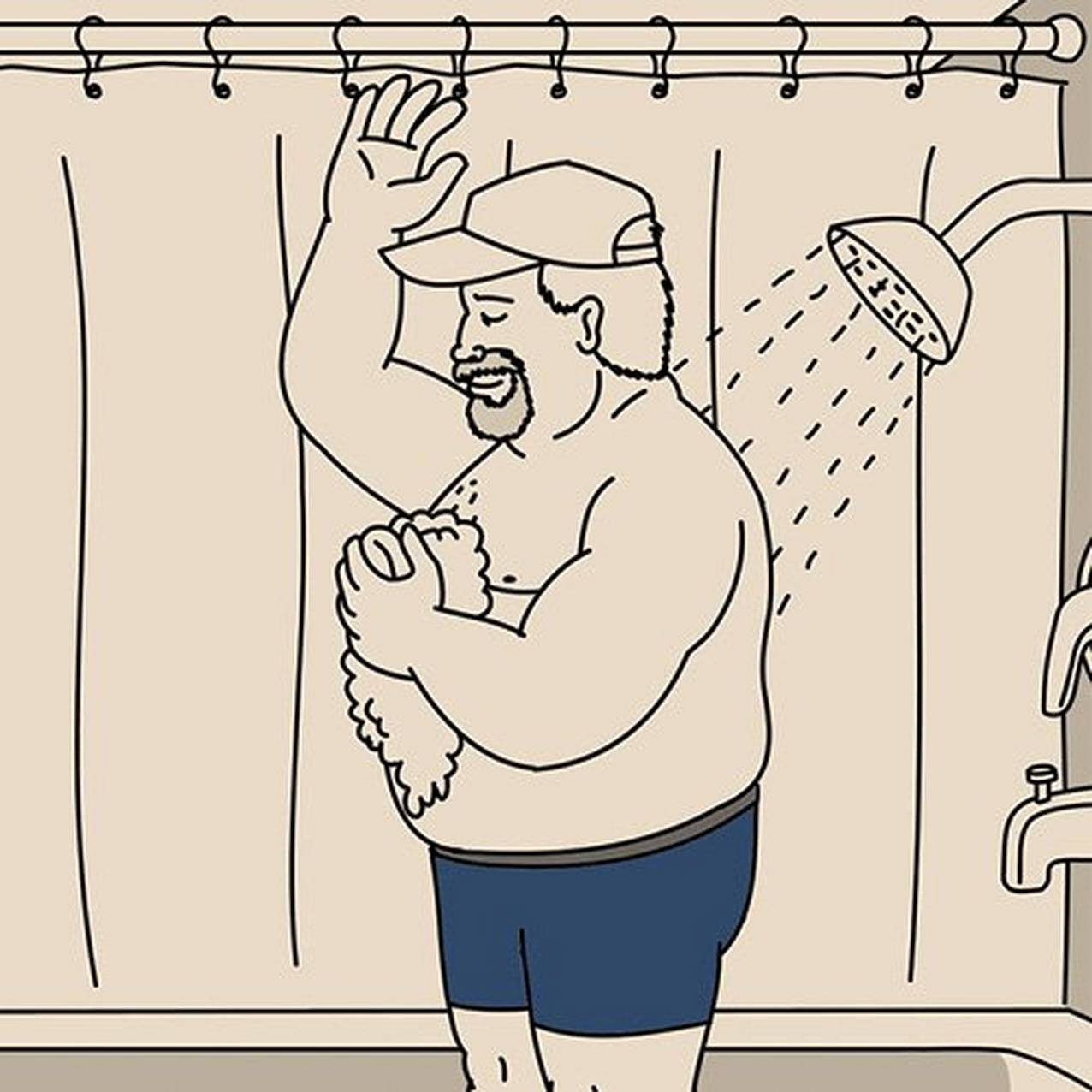 humorous illustration of the Buck character showering in Buck Naked underwear