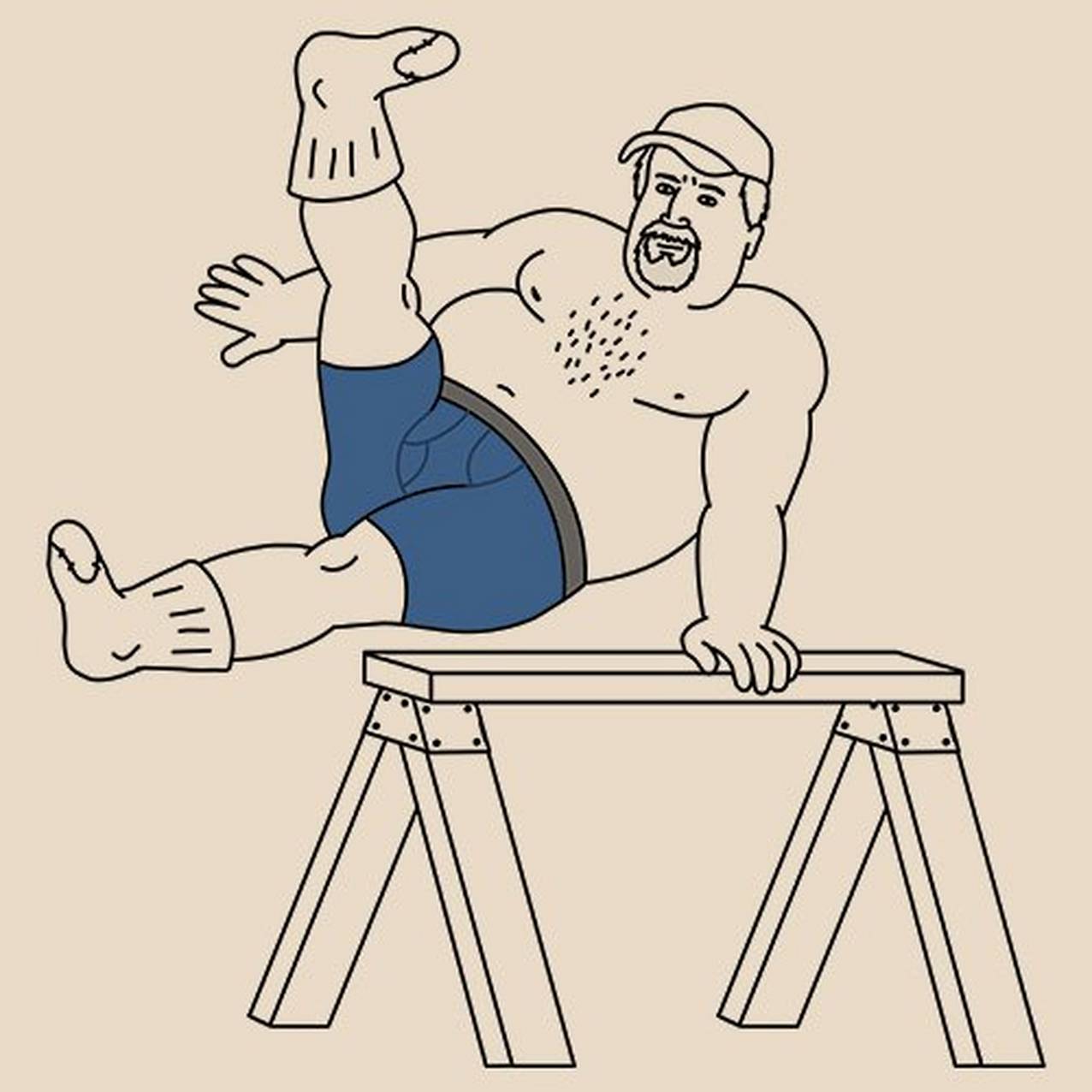 humorous illustration of the Buck character doing pommel horse exercises on a saw horse