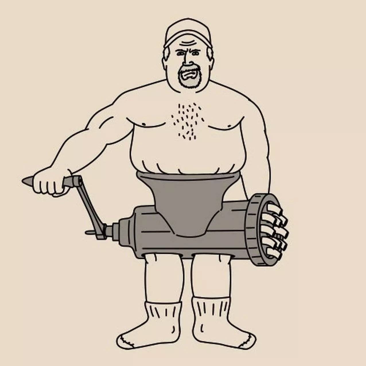 Illustration of Buck with a meat grinder on his mid-section