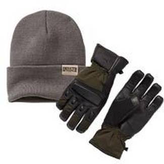 tough guy knit stocking cap in caribou tan and men's norseman gauntlet gloves in olive
