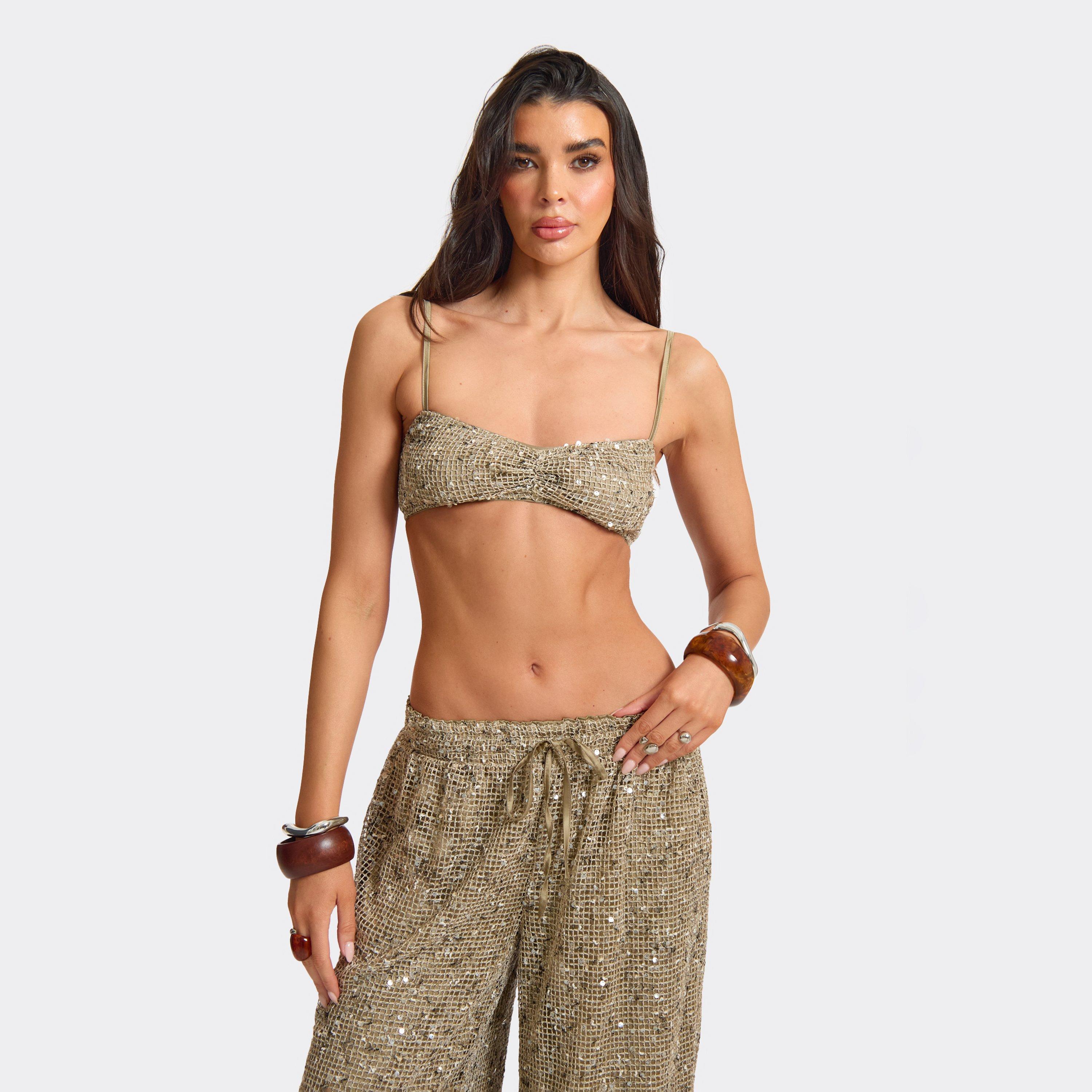 Image of Strappy Bralet In Khaki Sequin, Women's Size UK L