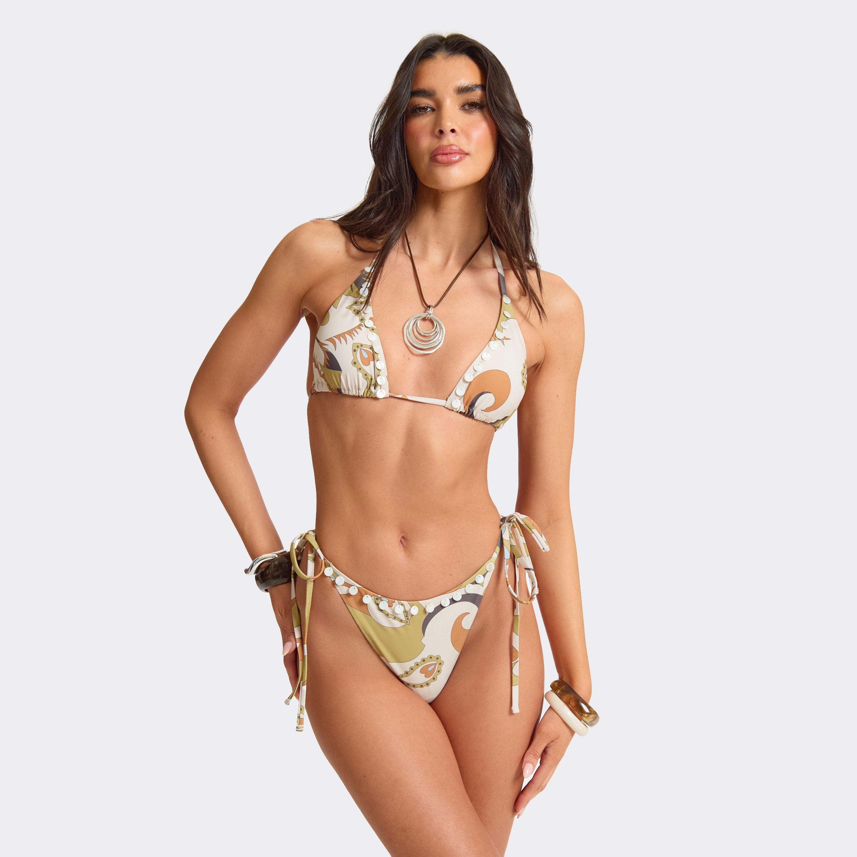 Image of Shell Trim Bikini Top In Multi Abstract Print, Women's Size UK L