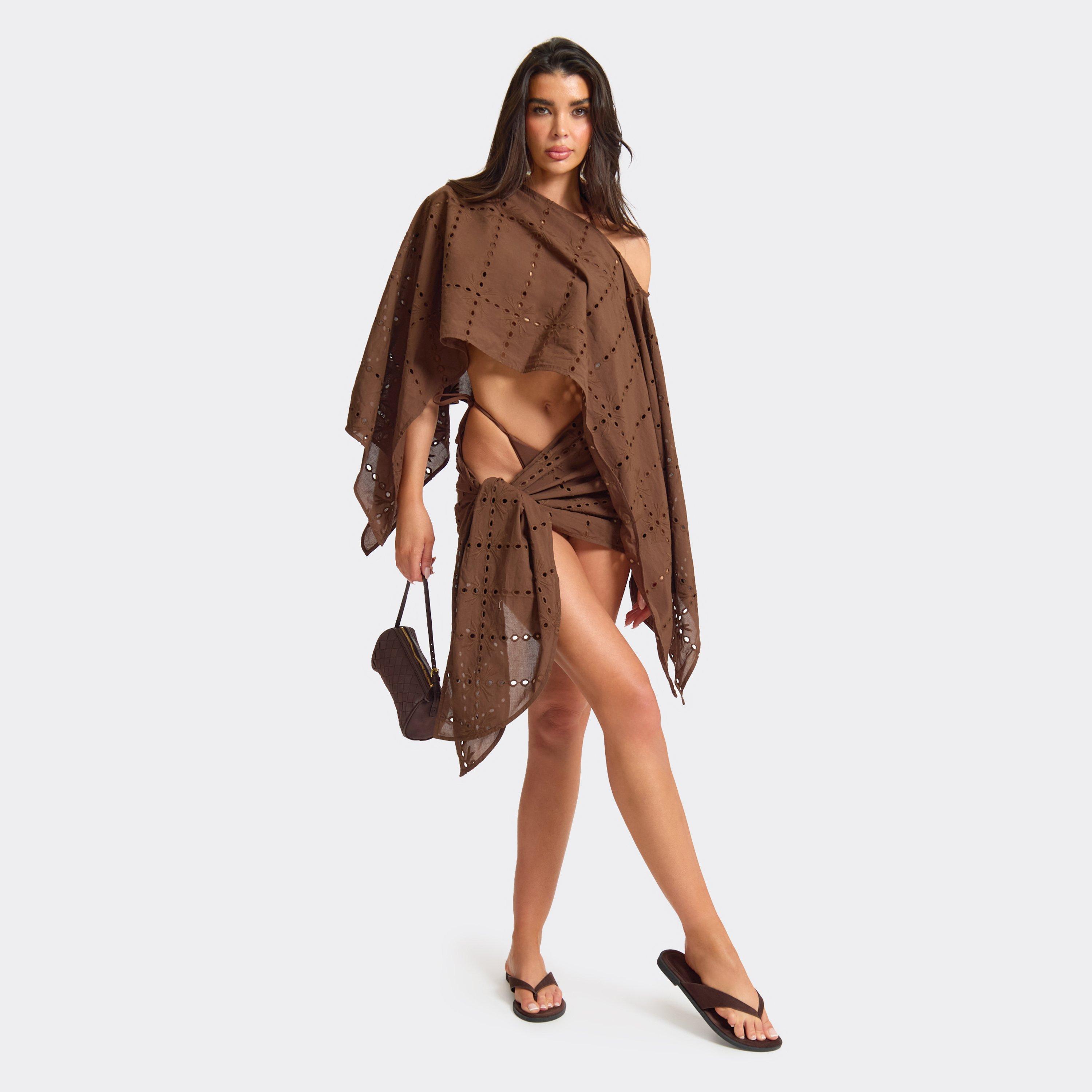 Side Tie Broderie Mini Skirt In Brown, Women’s