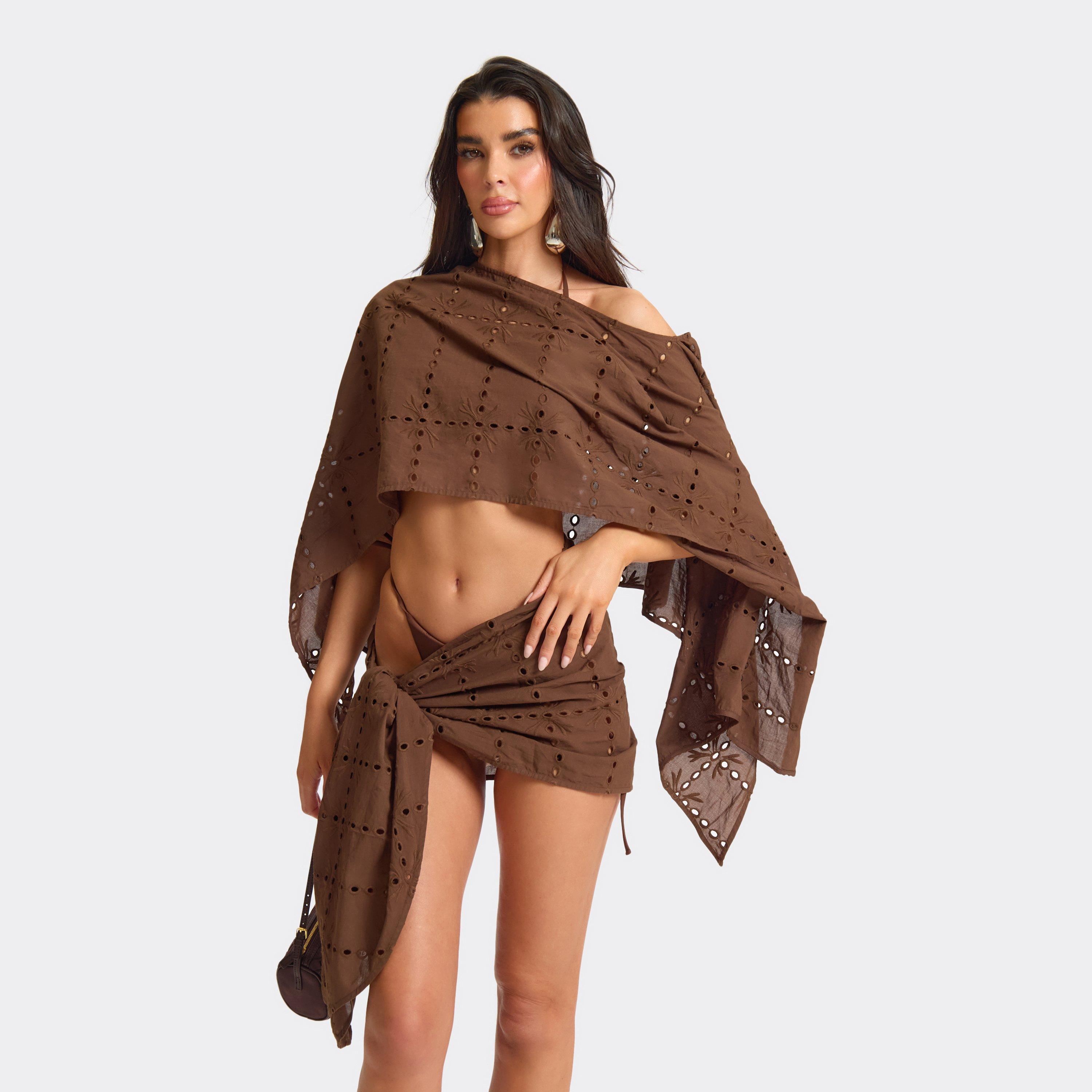 Off The Shoulder Broderie Cape Top In Brown, Women’s
