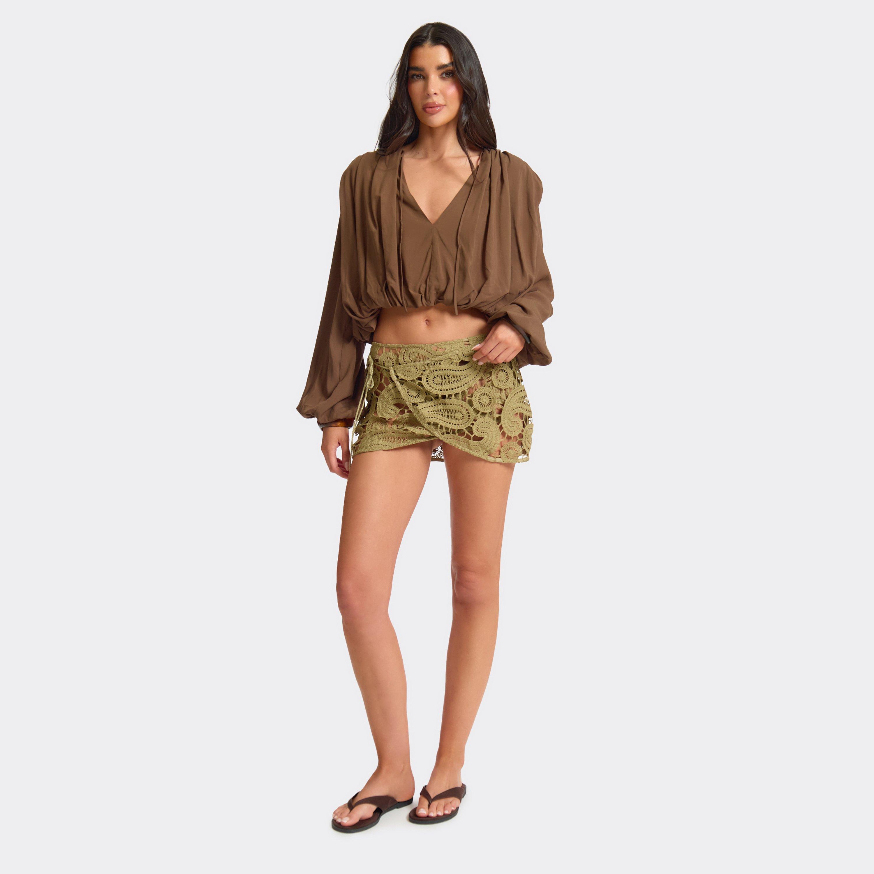 Side Tie Tassel Wrap Mini Skirt In Khaki Paisley Crochet, Women’s