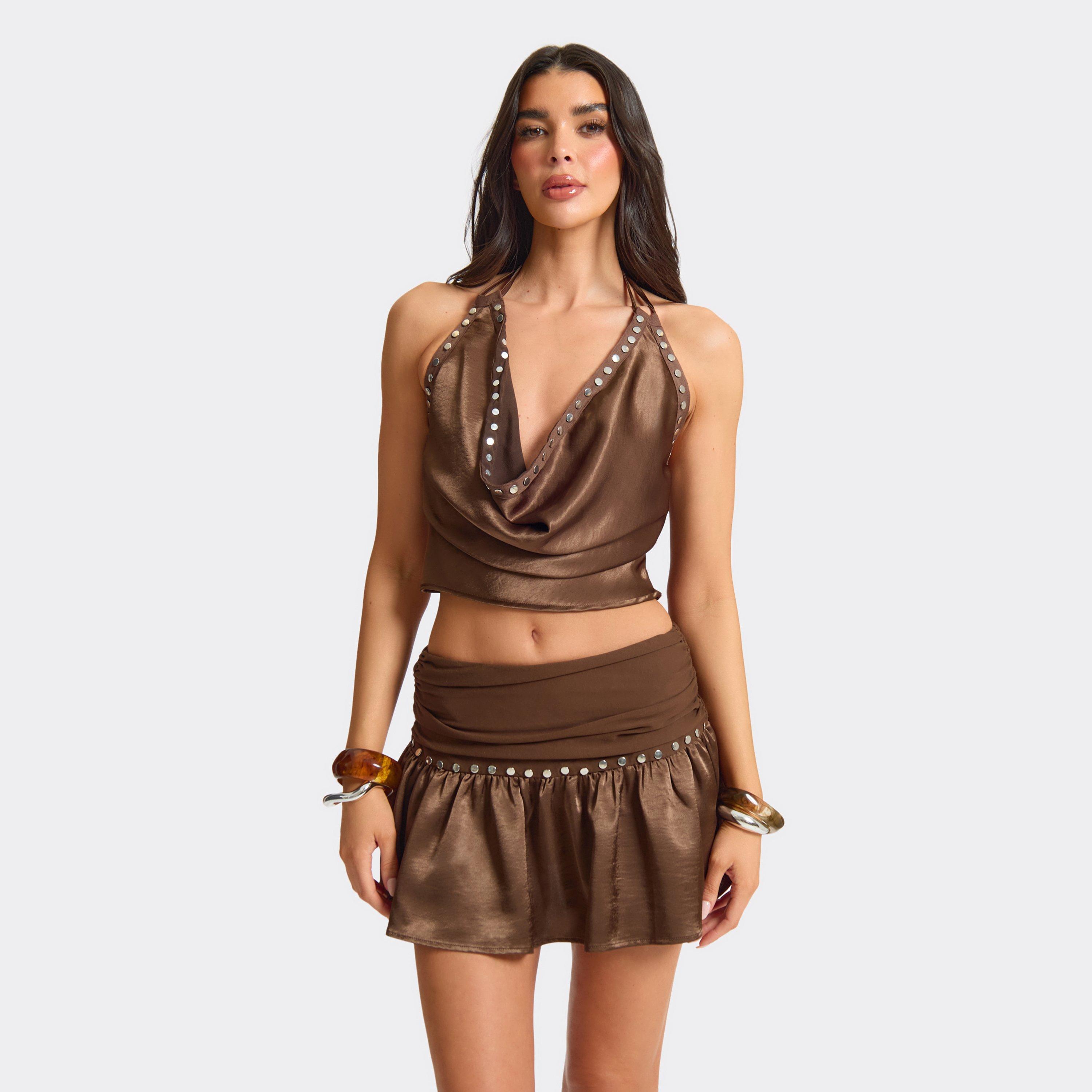 Jersey Waist Studded Mini Skirt In Brown Satin, Women’s