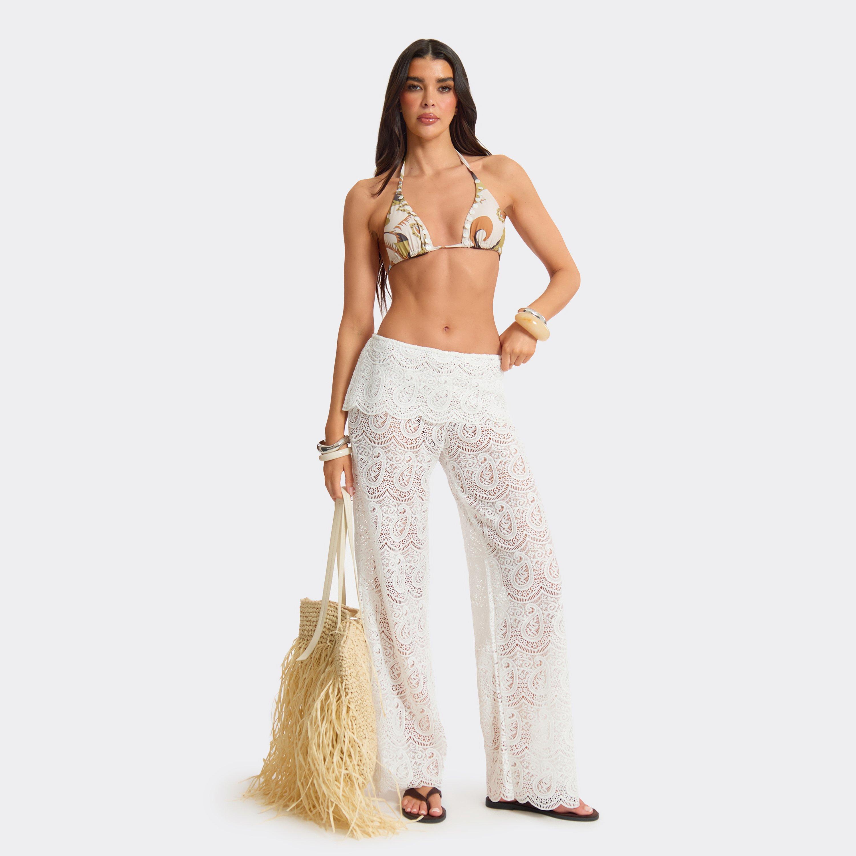 Image of Fold Over Waist Straight Leg Trousers In White Paisley Crochet, Women's