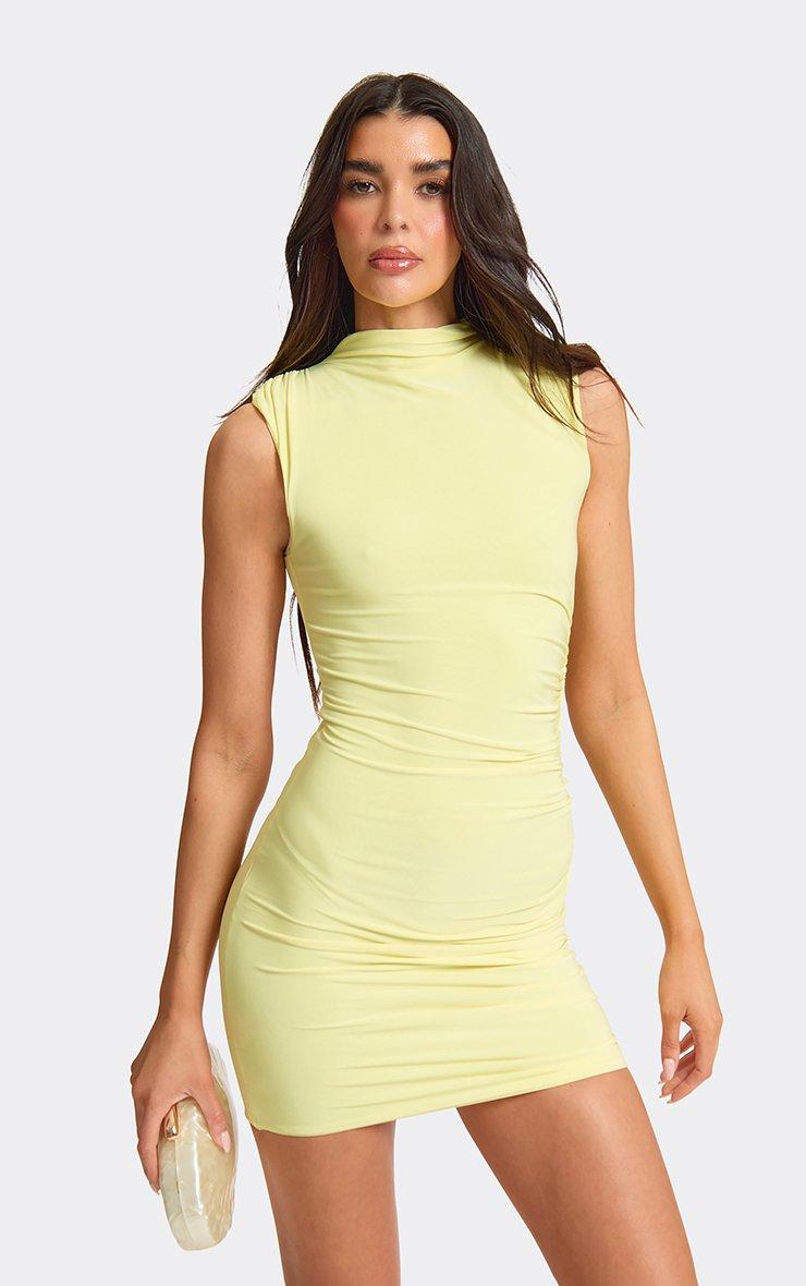 High Neck Shoulder Pad Detail Ruched Mini Dress In Lemon Slinky, Women's Size US 2 - EGO