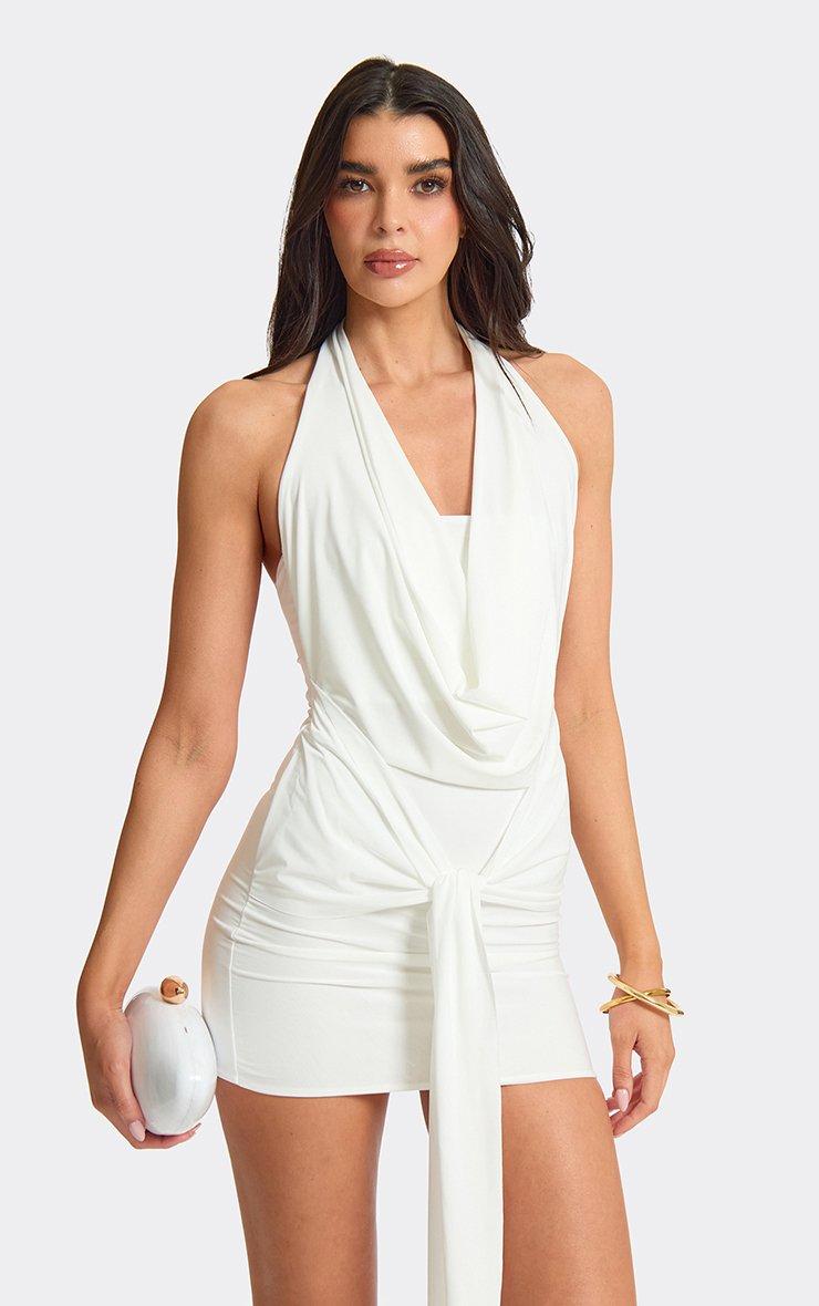Halterneck Cowl Front Draped Detail Mini Dress In White, Women's Size US 4 - EGO