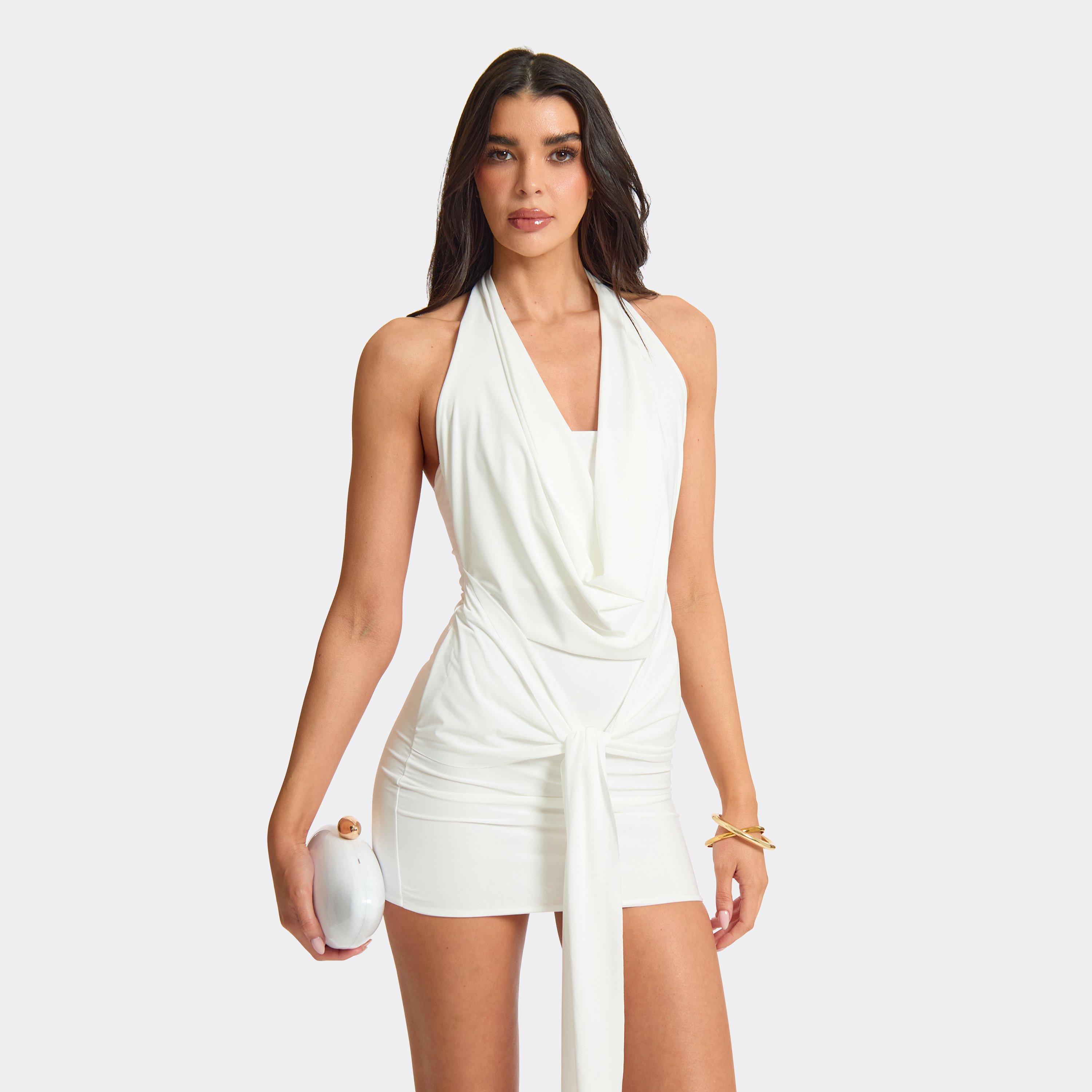 Halterneck Cowl Front Draped Detail Mini Dress In White, Women’s
