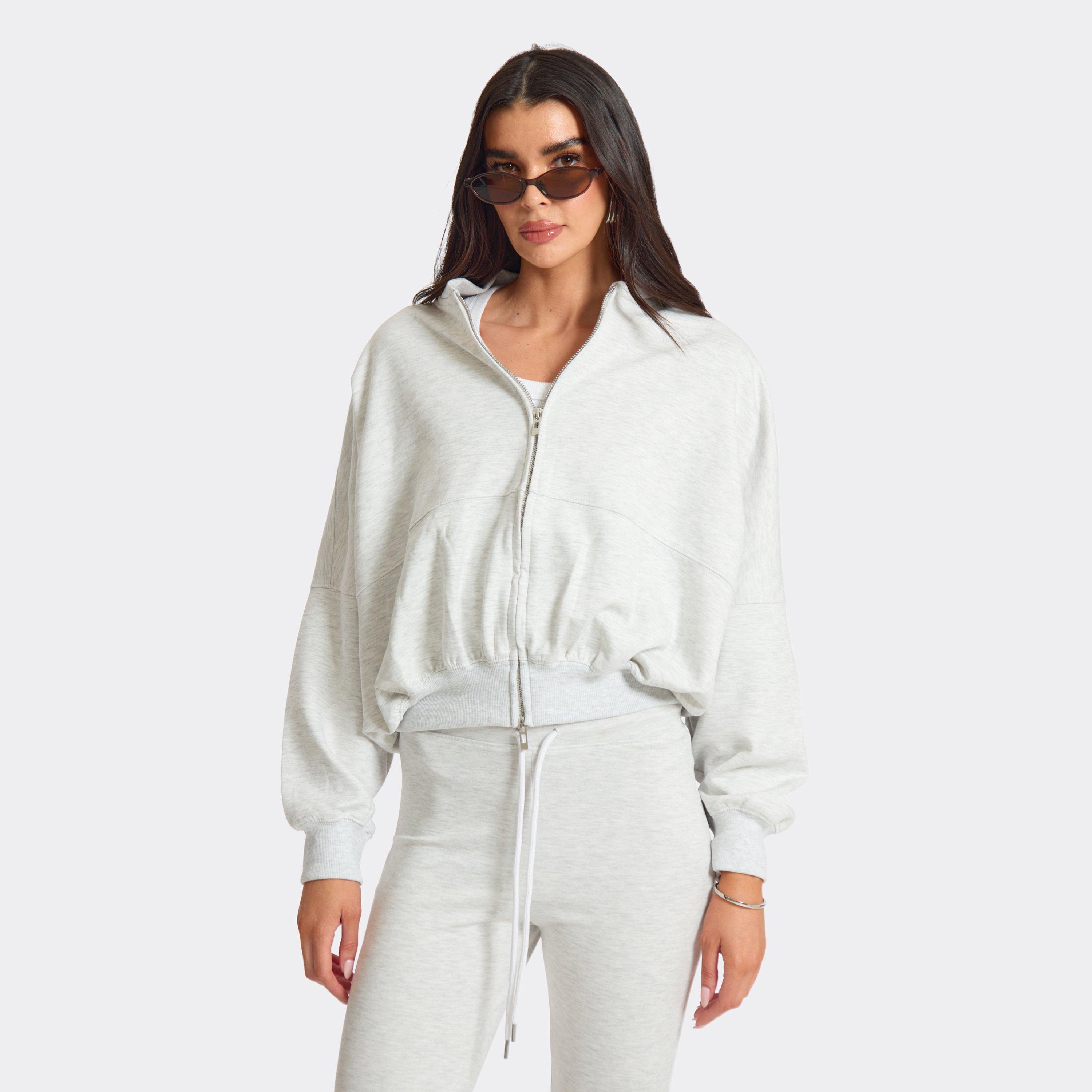 Long Sleeve Double Zip Slouched Hoodie In Light Grey Marl, Women’s