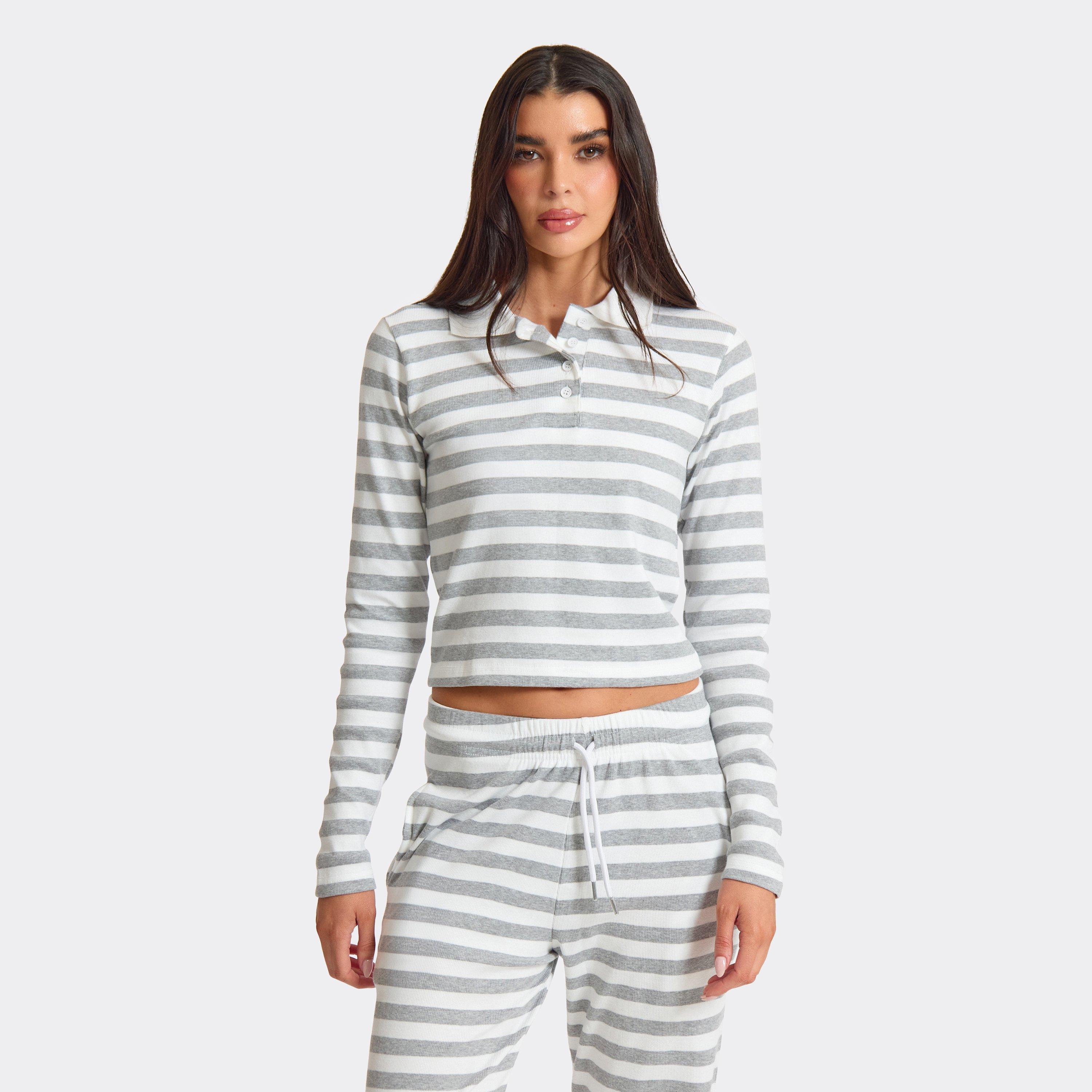 Long Sleeve Button Front Collared Top In White Contrast Stripe, Women's Size UK M