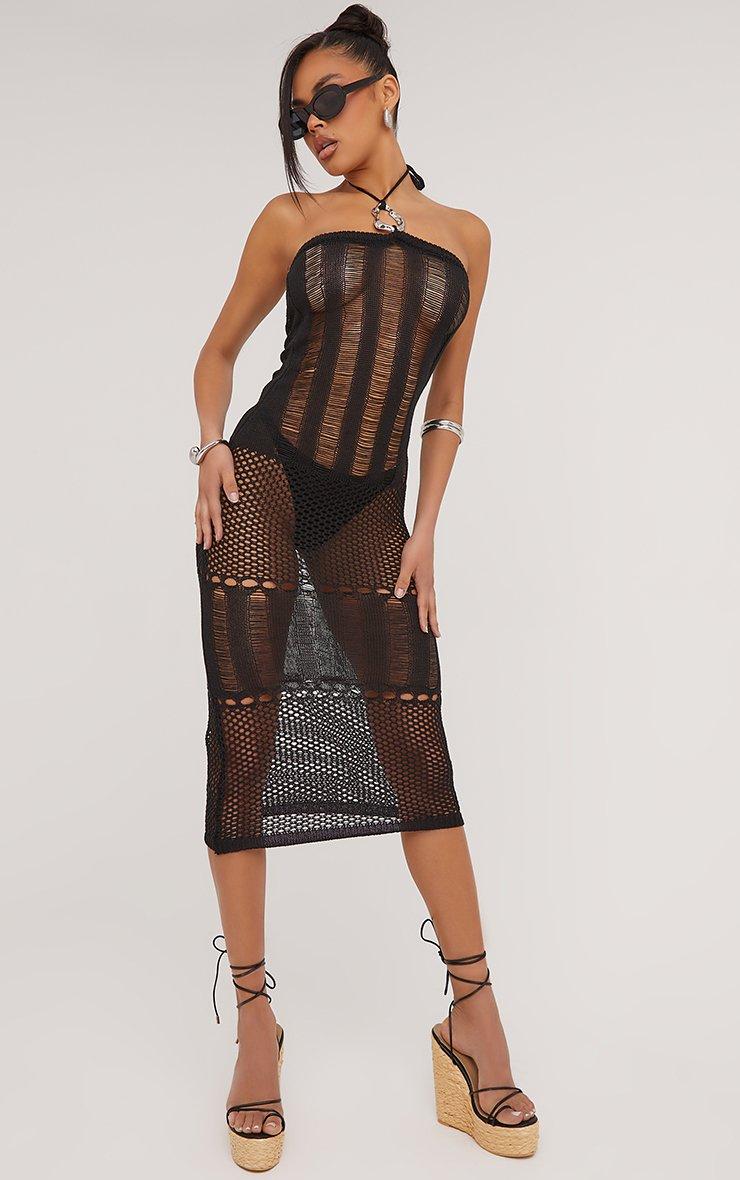 Bandeau Distressed Ladder Detail Maxi Bodycon Dress In Black Knit | EGO US  | EGO