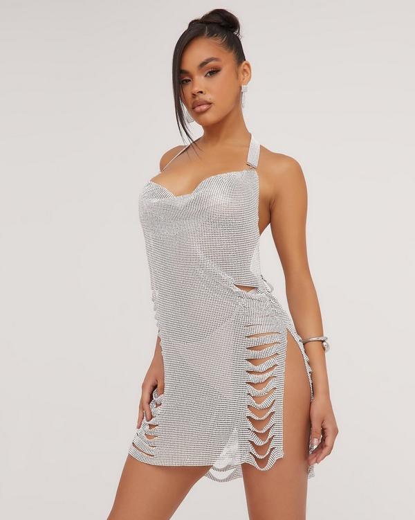 Halter Plunge Front Chainmail Mini Dress