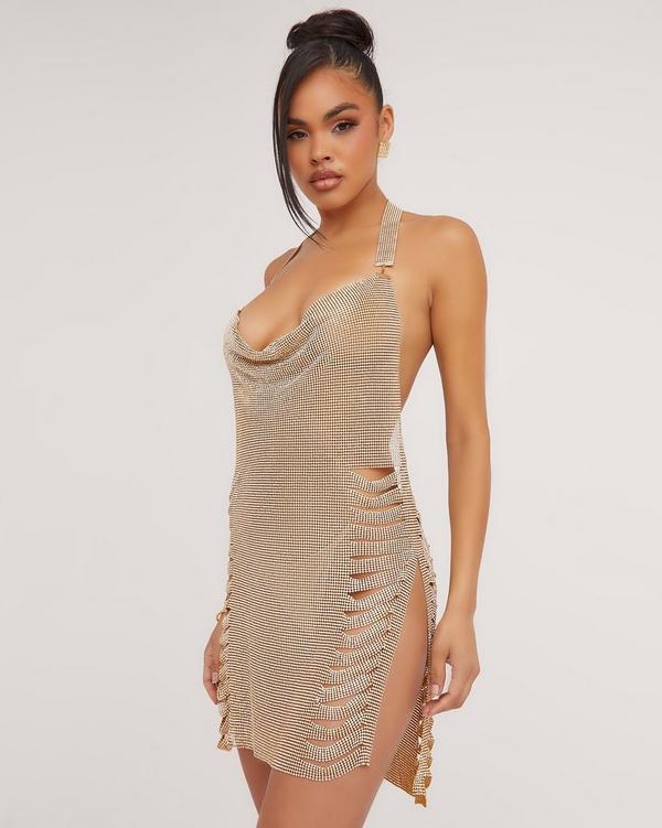 Halterneck Distressed Detail Open Back Chainmail Mini Dress In