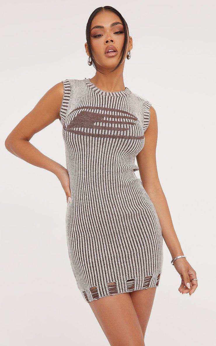 Sleeveless 'E' Logo Distressed Detail Mini Bodycon Dress In Brown Knit |  EGO CA | EGO