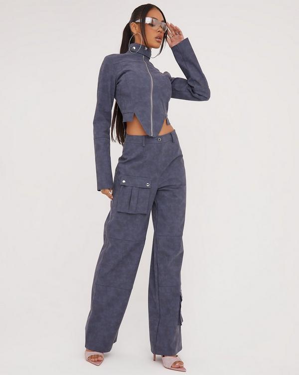 High Waist Pocket Detail Straight Leg Cargo Trousers In Navy Acid