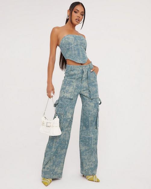 Women Blue Acid Wash Denim Bandeau Corset Top