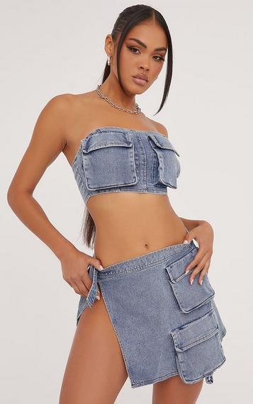 Sleeveless Lace Up Front Crop Top In Vintage Blue Denim Sleeveless Lace Up Front Crop Top In Vintage Blue Denim