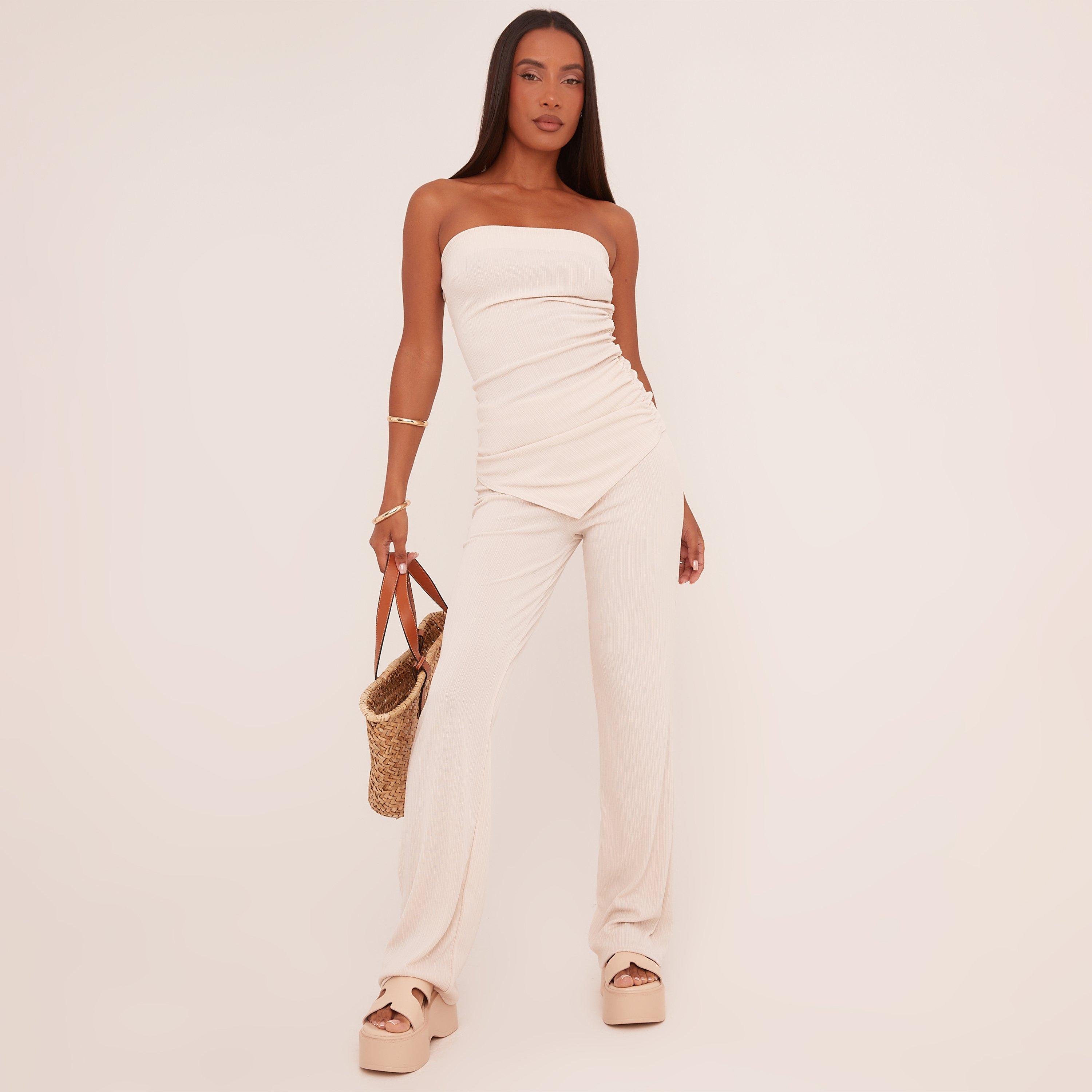 Bandeau Asymmetric Top And High Waist Straight Leg Trousers Co-Ord Set In Stone Texture, Women’s