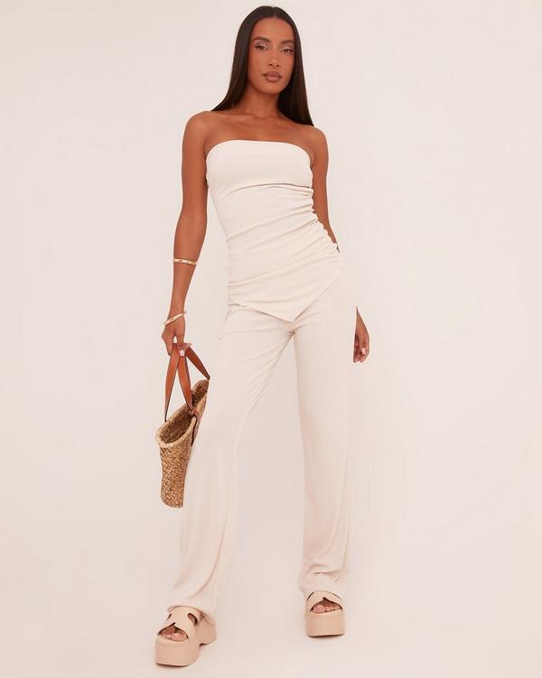 Bandeau Asymmetric Top And High Waist Straight Leg Trousers Co-Ord Set In Stone Texture