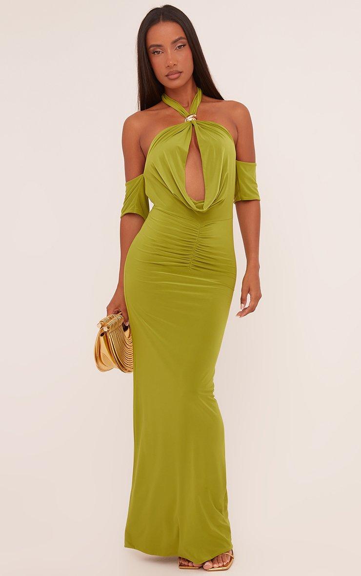 Cowl Halterneck Cold Shoulder Maxi Dress In Green Slinky | EGO US | EGO