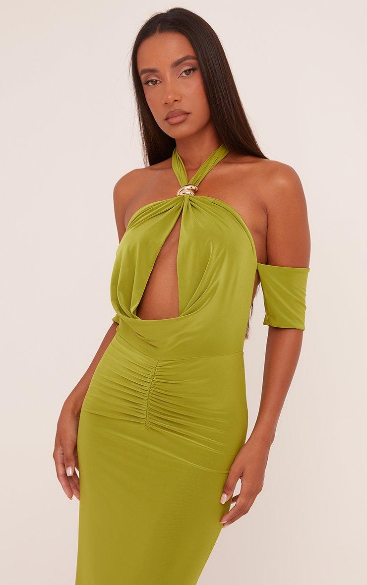 green cold shoulder maxi dress Goddiva Off The Shoulder Draped Sleeve Maxi Dress main image 1