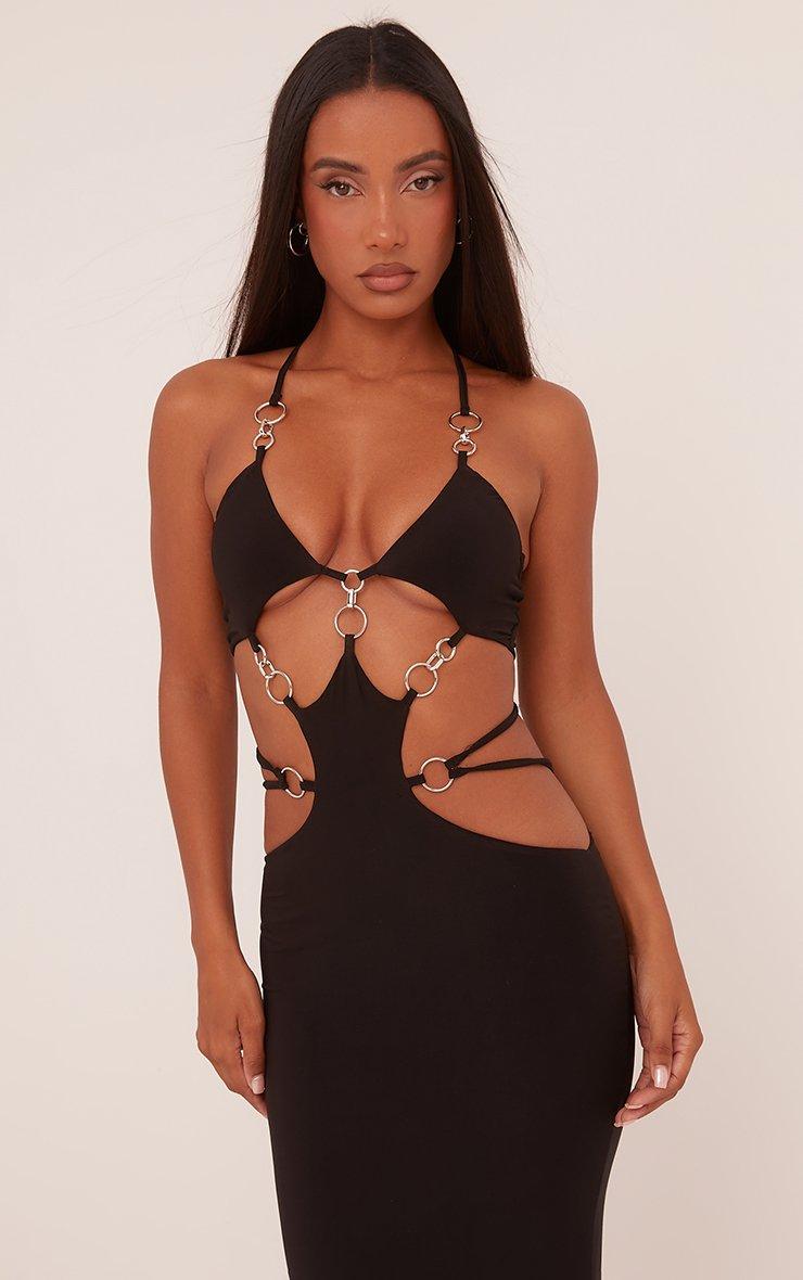 Plunge Neck Cut Out Ring Detail Strappy Maxi Dress In Black | EGO US | EGO