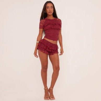 Low Rise Tiered Frill Micro Shorts In Burgundy Lace, Women’s