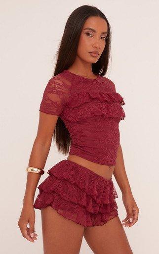 VIVANO × JURK / Ruffle Shorts Low Rise Tiered Frill Micro Shorts In Burgundy Lace | EGO US | EGO