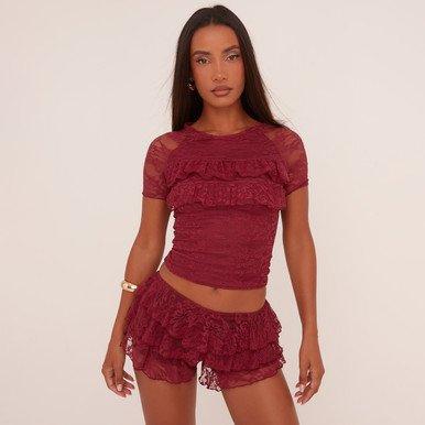 Short Sleeve Frill Bust T-Shirt In Burgundy Lace, Women's Size UK 4