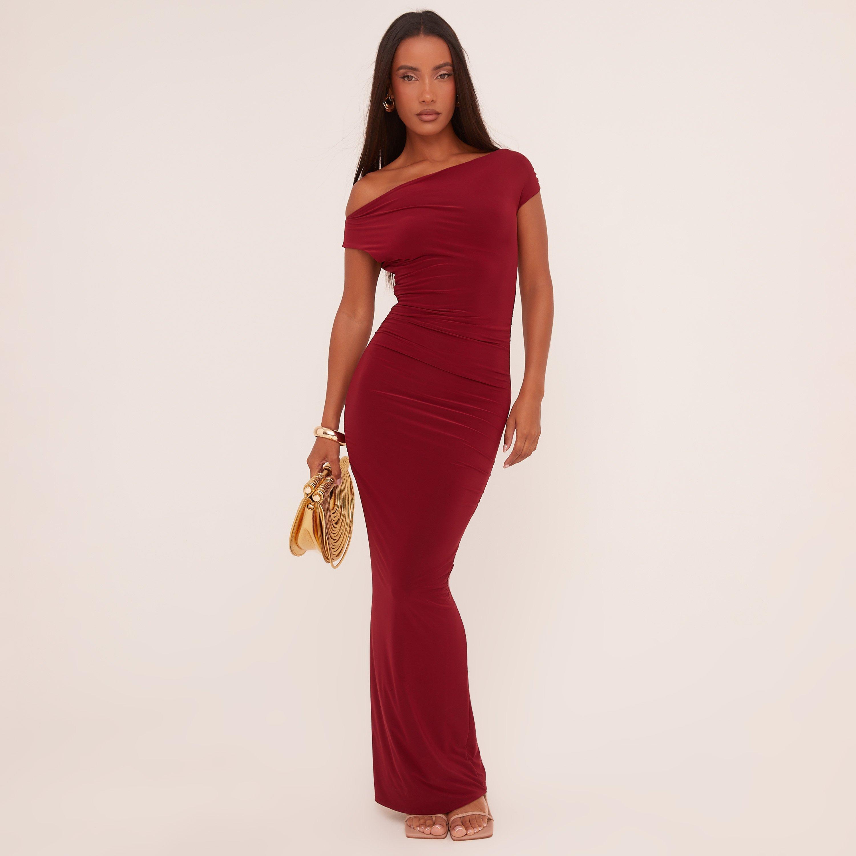Asymmetric One Shoulder Ruched Detail Maxi Dress In Wine Slinky, Women’s