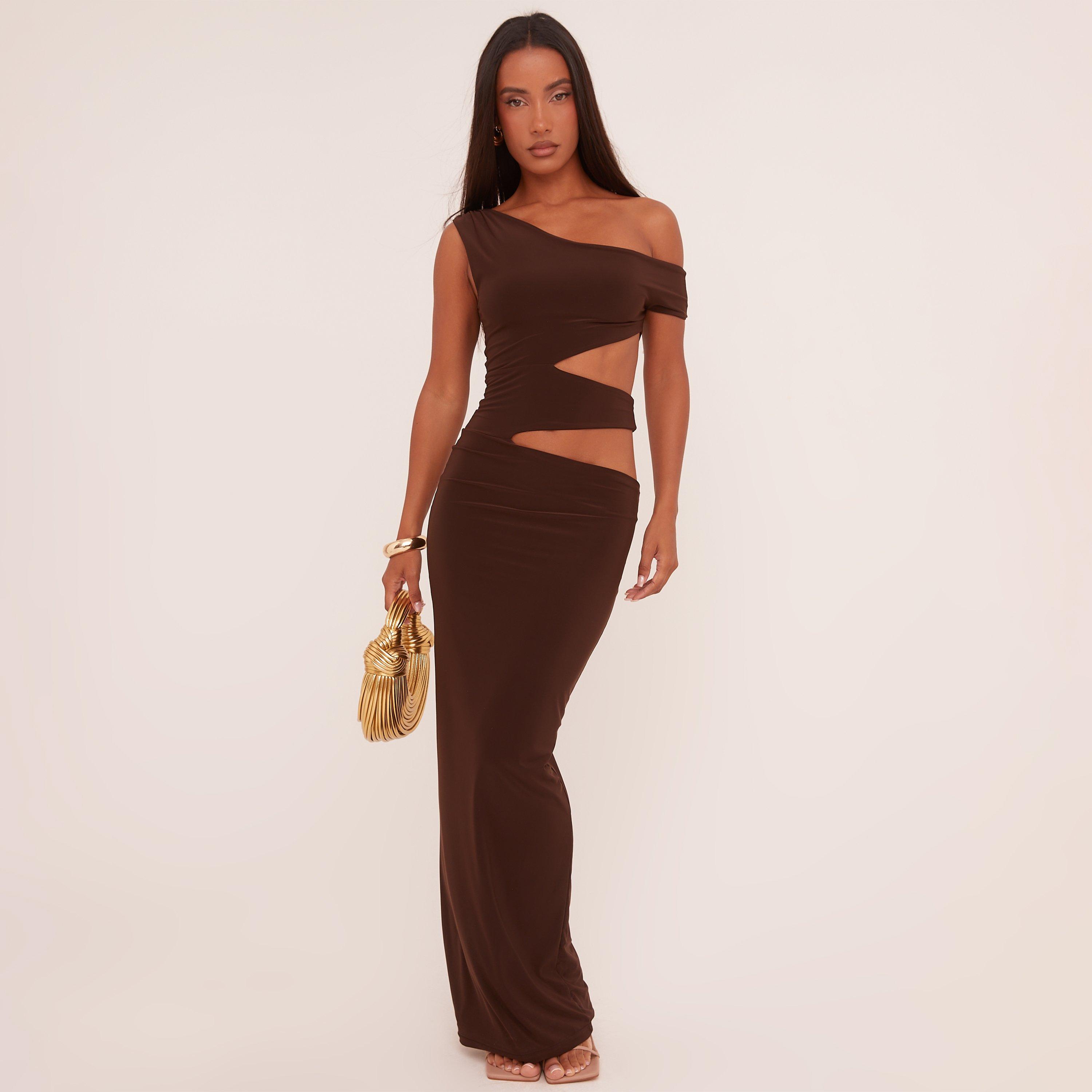 Asymmetric One Shoulder Cut Out Maxi Dress In Chocolate Brown Slinky, Women’s