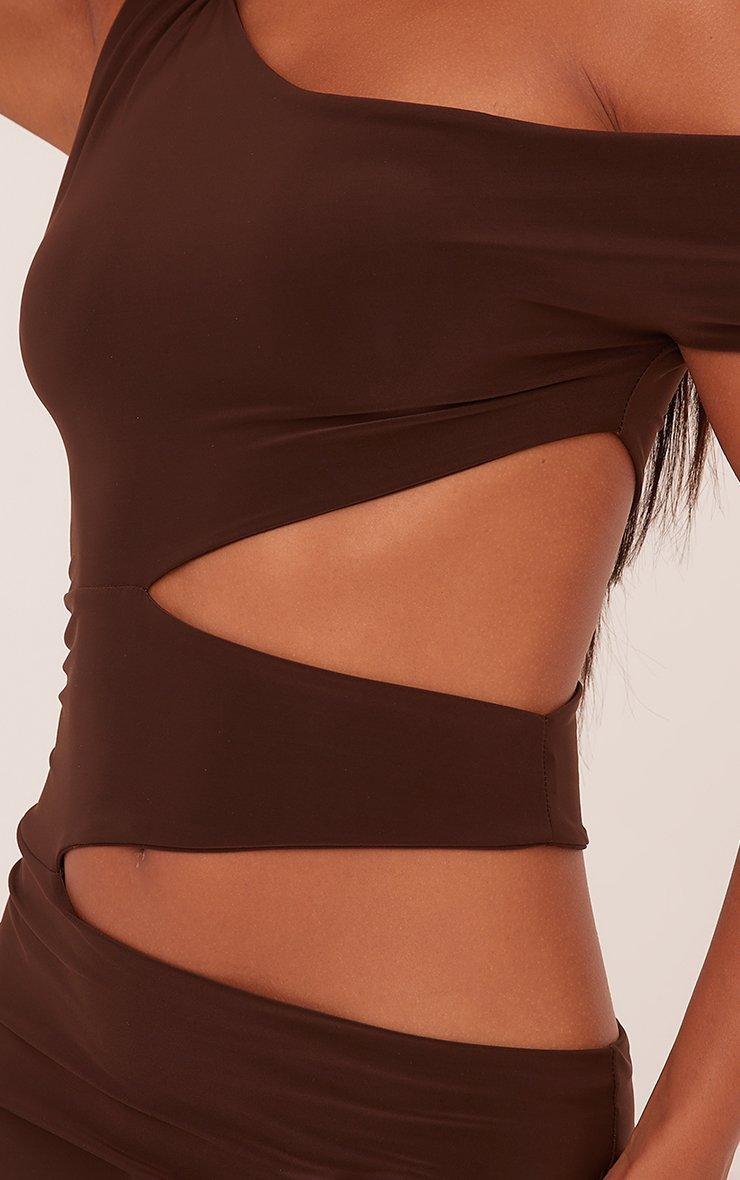brown slinky seam free one shoulder cut out mini dress Racer Neck Ruched Detail Back In Chocolate | EGO US one shoulder slinky mini dress with a cut out waist and tie ruched front Adriessa One Shoulder Sheer Mini