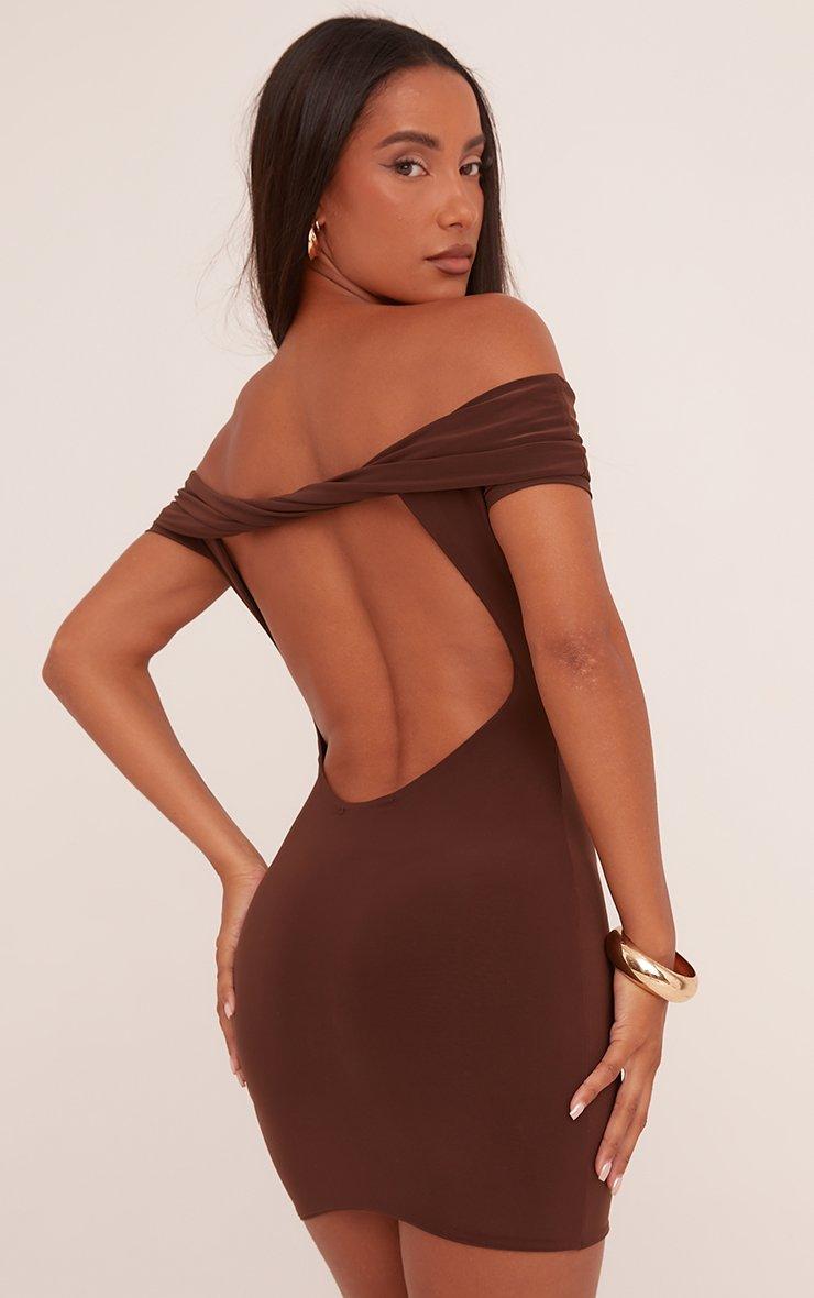 Bardot Twist Open Back Detail Mini Bodycon Dress In Brown Slinky | EGO US |  EGO