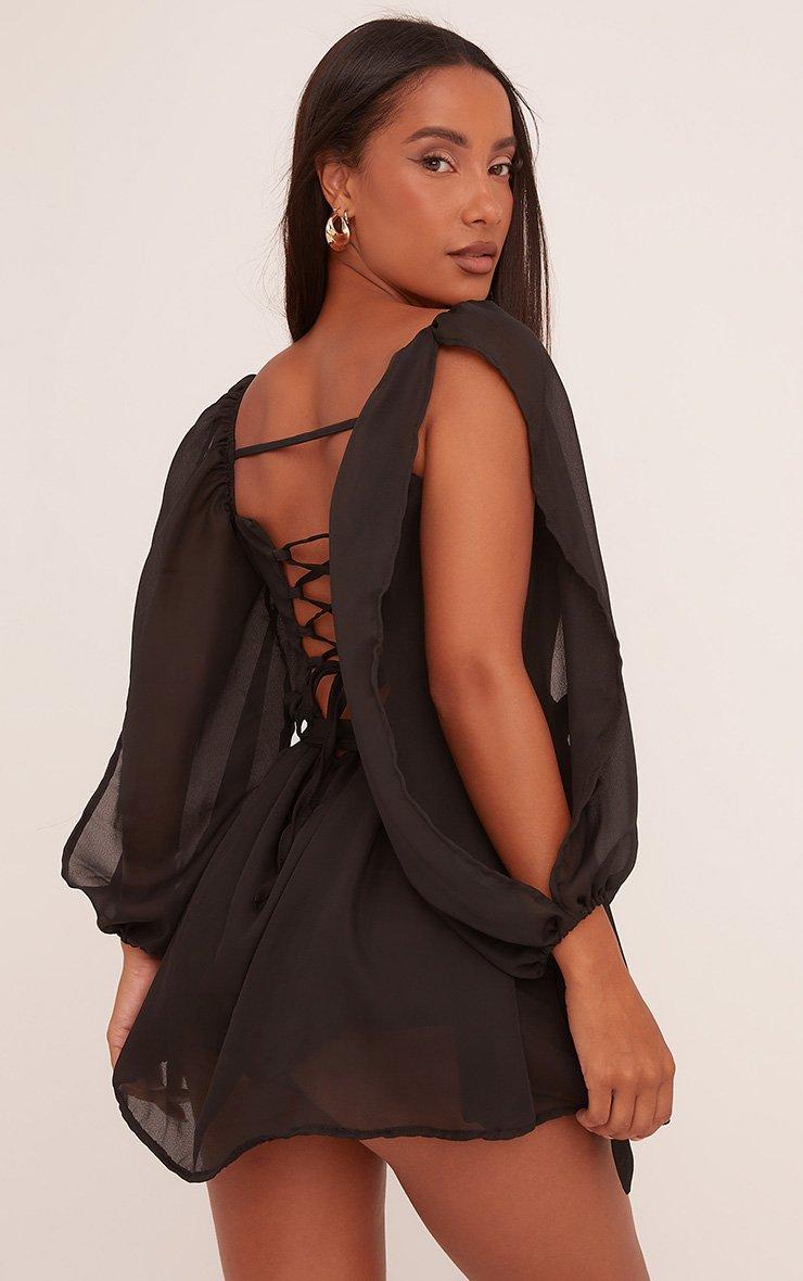 Long Split Sleeve Tie Waist Flippy Hem Mini Dress In Black | EGO UK | EGO