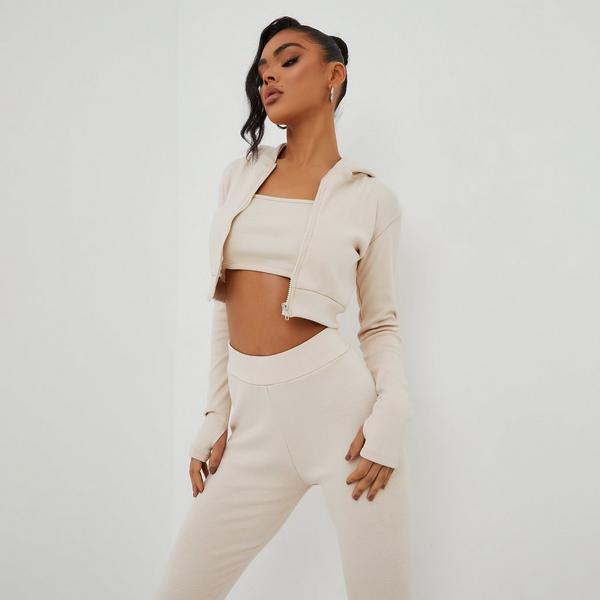 Long Sleeve Zip Detail Cropped Hoodie In Cream Ribbed | EGO